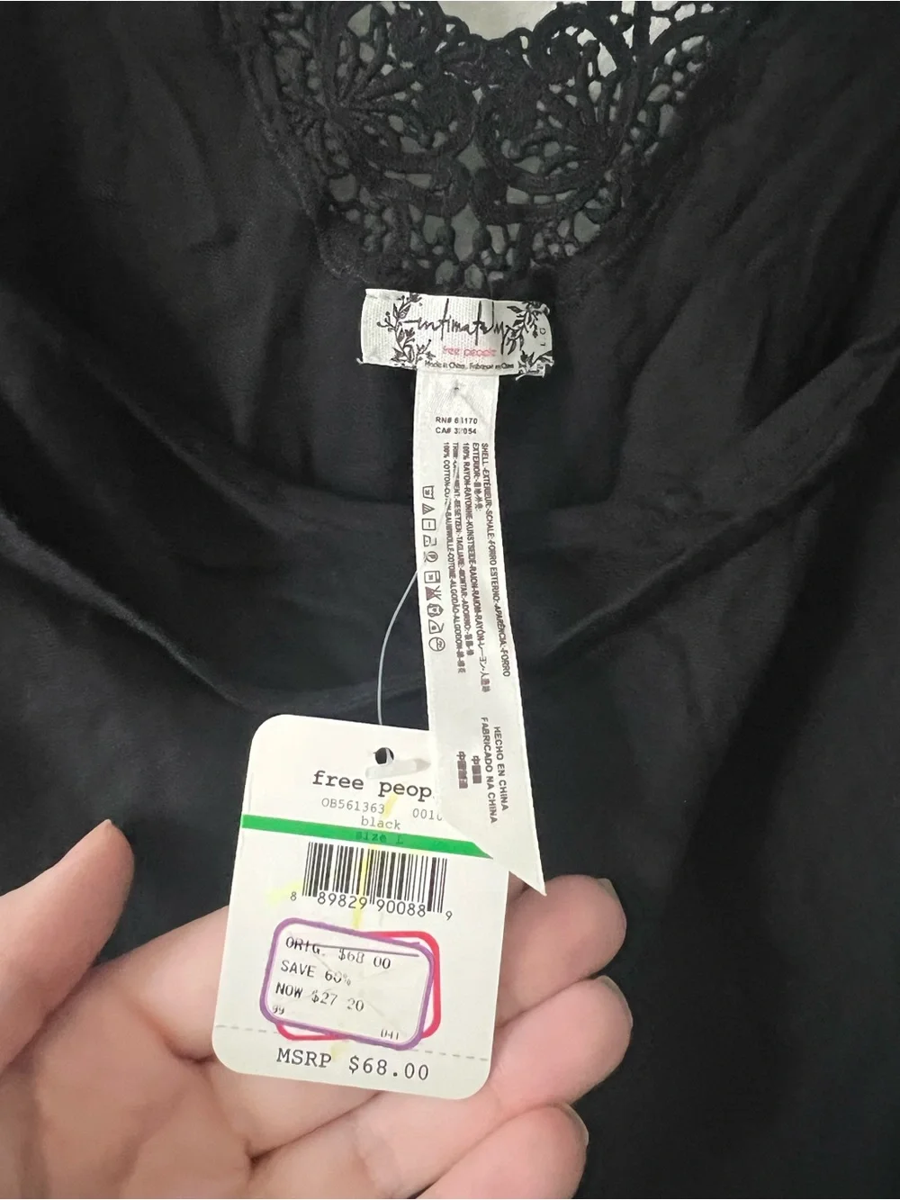 Free People Kendall Trapeze Slip Dress Black Lace NWT Boho Romantic